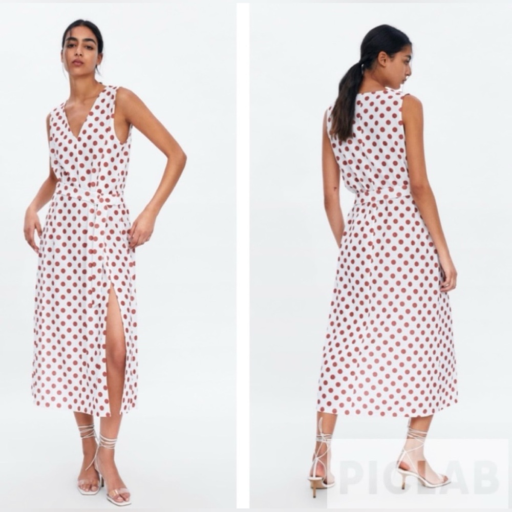 Zara White Rust Polka Dot V-Neck Slip Midi Dress Romantic Twee‎ Effortless
